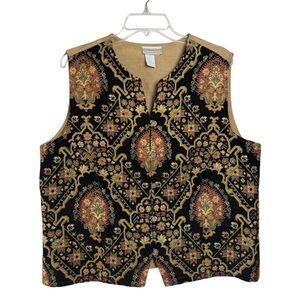 Vintage Tapestry Vest Size Large Black Tan Coldwater Creek Boho Hippie 90s Y2K